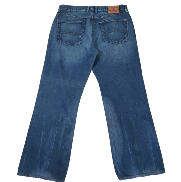 Lucky Brand~Men’s Size 36×30~Blue Denim Slim Bootleg Dungaress Jeans Distressed - Picture 10 of 11